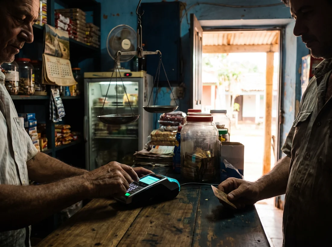 Mostrador de un comercio con terminal de punto de venta y un cliente pagando, imagen ilustrativa de un negocio con conexión a internet