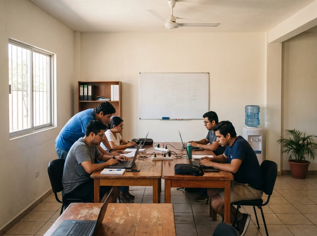 Aula o espacio de coworking con varias personas usando laptops al mismo tiempo, imagen ilustrativa de un entorno educativo o colaborativo conectado