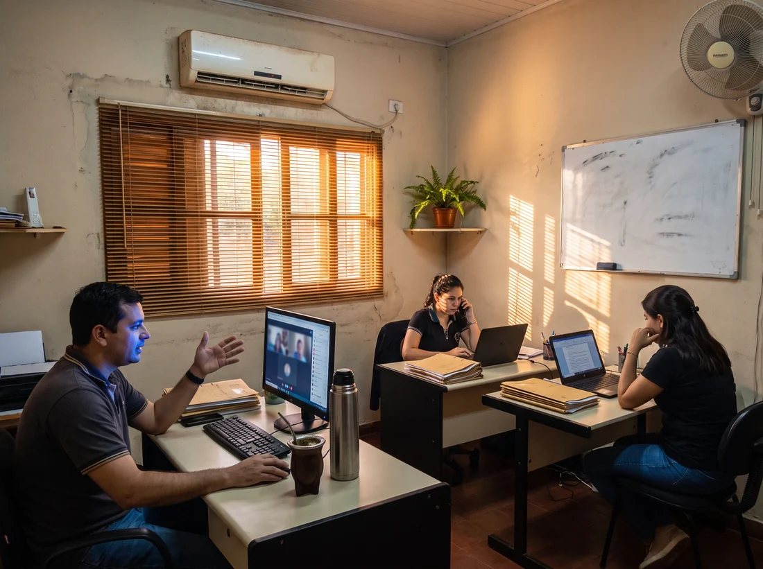 Oficina pequeña con escritorios, laptops y una videollamada en curso, imagen ilustrativa de un espacio de trabajo conectado