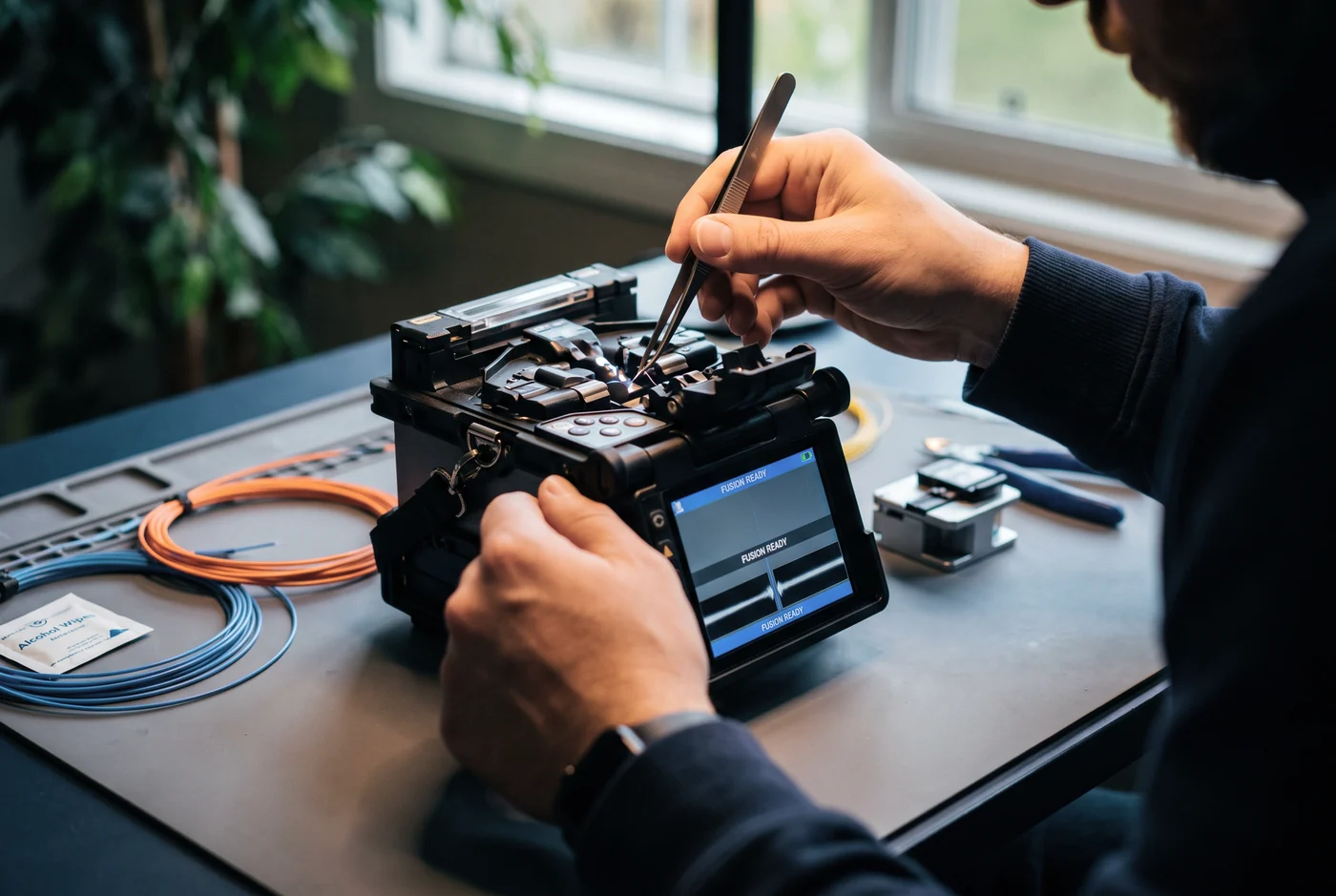 Manos empalmando fibra óptica con una fusionadora, imagen ilustrativa del proceso técnico de instalación